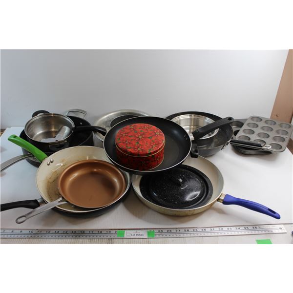 Lots of Assorted Kitchenware - Frying Pans, Muffin Tins, Pots, and Lids