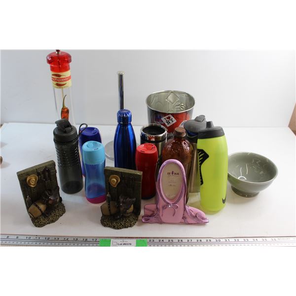 Travel Mugs and Water Bottles, Spider Man Bucket, Bowl and Misc.