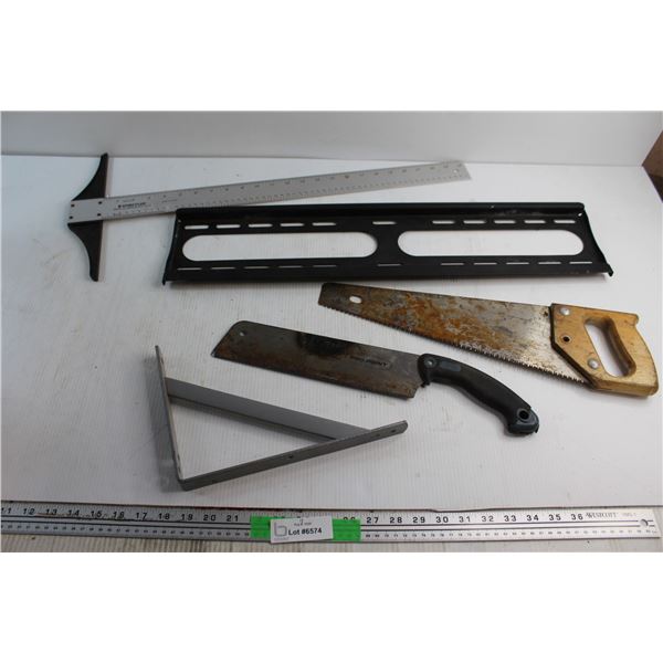 (2) Handsaws, Square, Tool Rack and Staedtler Drafting Square - As Is