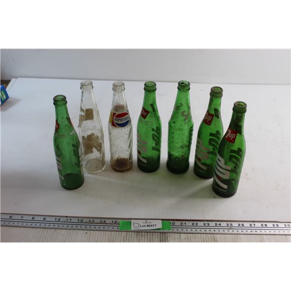 (7)  Soda Glass Bottles - 7Up, Pepsi