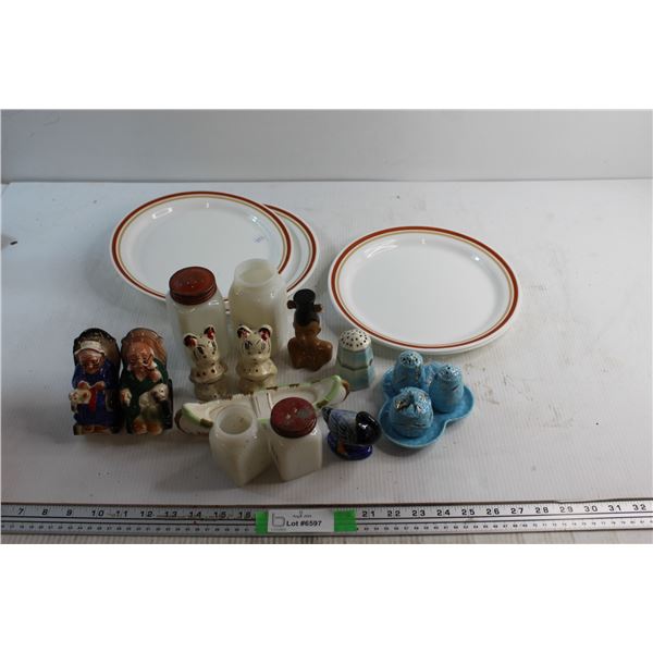 (4) Plates and (5) Sets of Salt & Pepper Shakers + (3) Extra Individual Shakers
