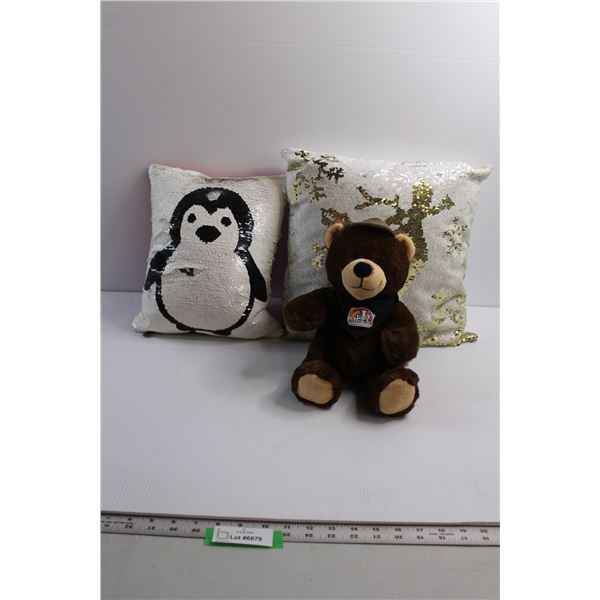 (2) Christmas Pillows, Tele Miracle Teddy Bear