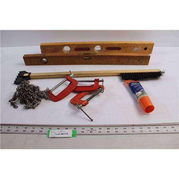 (2) Levels, (3) C-Clamps, Misc.