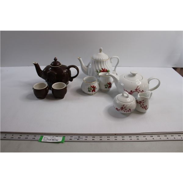 (3) Teapots with Matching Cream and Sugars/Matching Cups
