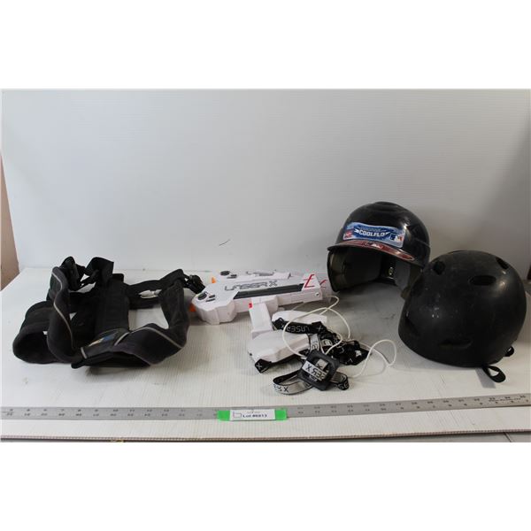 Ce Dog Harness, (2) LaserX Laser Tag Guns and Harnesses, Baseball Helmet, Bike Helmet