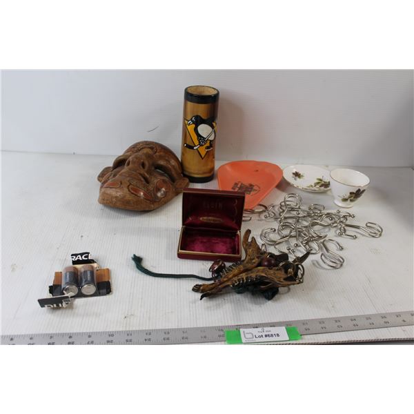 (2) Duracell C2 Alkaline Batteries, (2) Trays, Assorted Metal Hangers, Teacup, Pittsburgh Wooden Cup