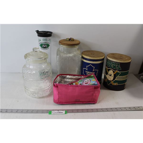 Dora Lunch Kit, (2) Hockey Metal Tins - Mighty Ducks, Toronto Maple Leafs, (2) Glass Jars, Big Bacar