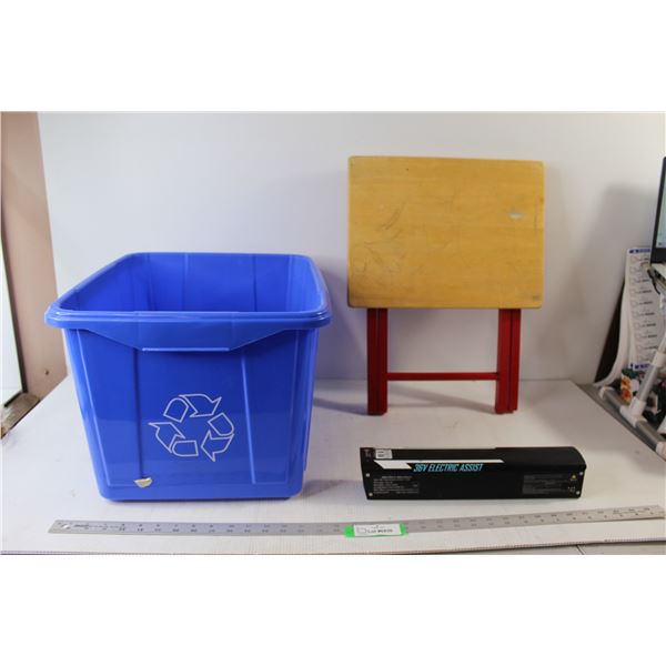36V Electric Assist Battery, Foldable Table, Blue Recycling Bucket