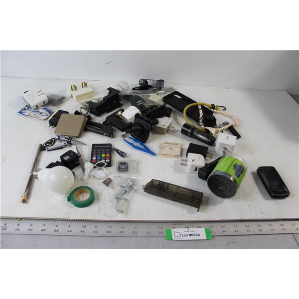 Assorted House and Car Outlet Blocks, Energizer Flashlight - Untested, Phone Case, Light Bulbs, Gree