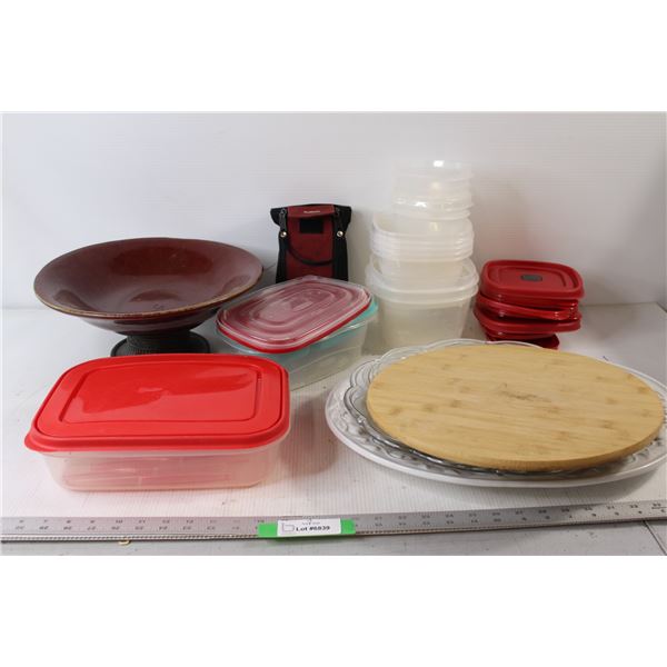 Fruit Bowl, Lazy Susan Tray, Glass Tray, Cresco White Turkey Tray, Assorted Tupperware Containers, B