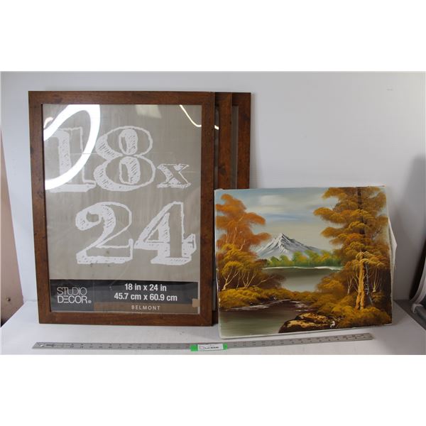(3) Picture Frames - 18" x 24", Landscape Nature Mountain Canvas Painting - 20" x 16"