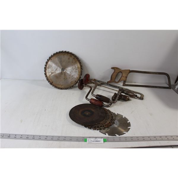 Box of Old Tools - (2) 10" Arc Saw Blades, (8) Circular 7" Saw Blades