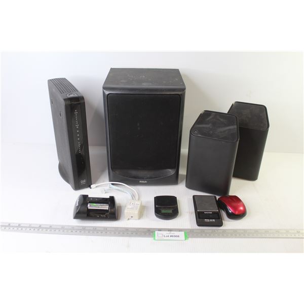 (2) Network Boxes - Shaw Wi-Fi Box - RCA Speaker - Wireless Mouse - (2) Digital Scales - Battery Cha