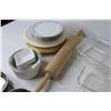 Image 6 : Glass Teapot - Cutlery Holder - Plates - Glass Baking Dishes - Rolling Pin - Misc. Items