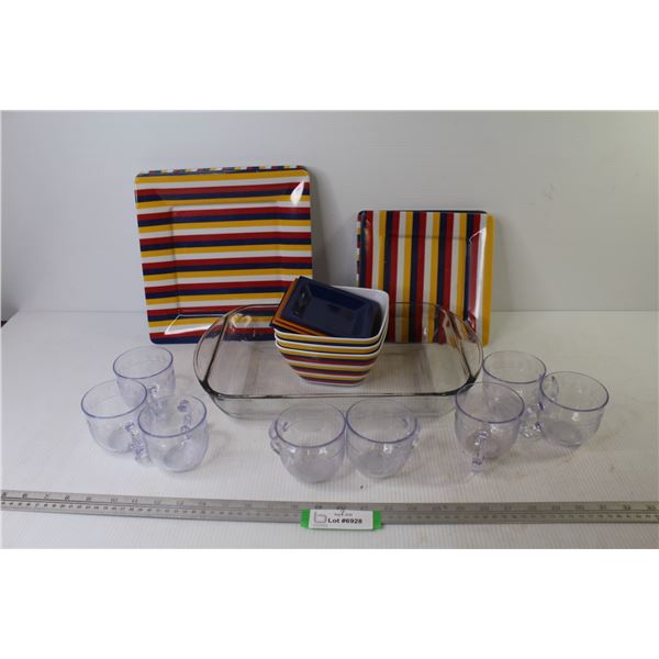 Glass Cake Pan - (8) Plastic Cups - Colored Dish Set (incomplete)