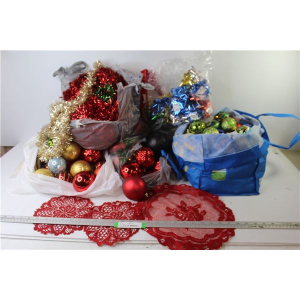 Christmas Decorations - Balls - Bows - Red Crochet Doilies - Garland