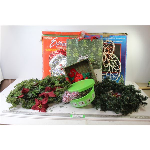 (2) Display Lights - Wreath - Garland - Woven Basket - Plastic Container - Gift Bag