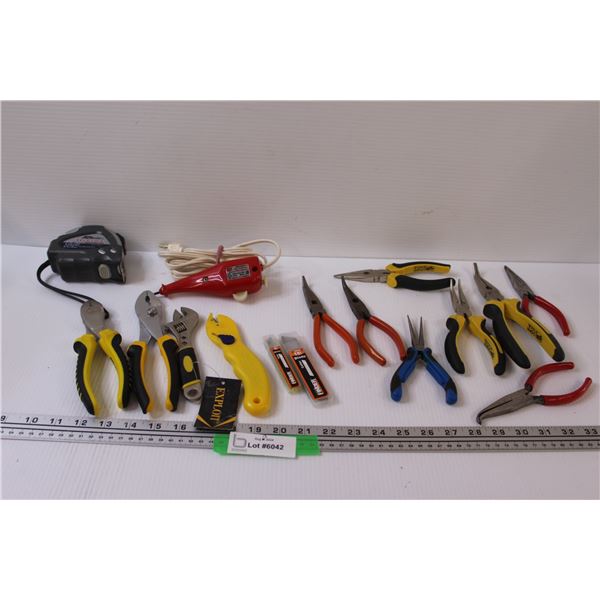 (8) Needle Nose Pliers, Wire Cutters, Wrenches, Measuring Tape, Electric Pencil Engraver, Misc.