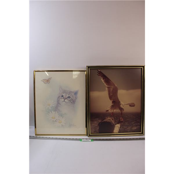 (2) Pictures in Frames: Kitten & Butterfly, Feeding Seagull - 21.5" x 17", 16" x 20"