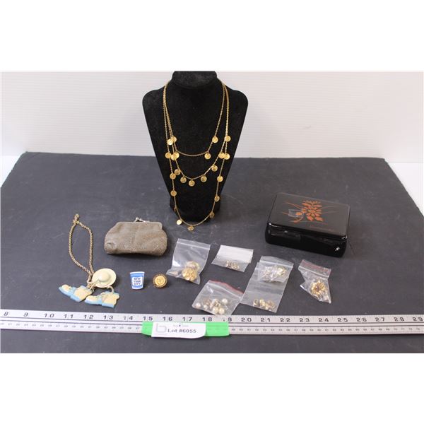 Necklace, Assorted Vintage Clip-On Earrings, Coin Purse, Misc.
