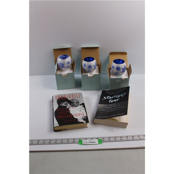 (3) Party Lite - Tea Light Holders (X-Mas Theme) & (2) Books - "Vanderbilt", "Starlight Tour"