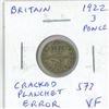 Image 1 : Great Britain. 1922 Silver 3 Pence. Cracked Planchet Error on both sides. VF. Scarce.