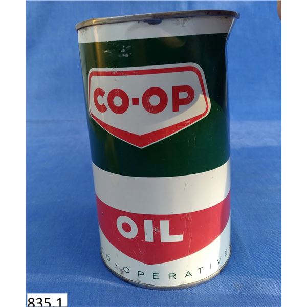 FULL, never opened vintage 1 quart Co-op oil tin, excellent graphics.  Has couple dents that could p
