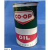 Image 1 : FULL, never opened vintage 1 quart Co-op oil tin, excellent graphics.  Has couple dents that could p