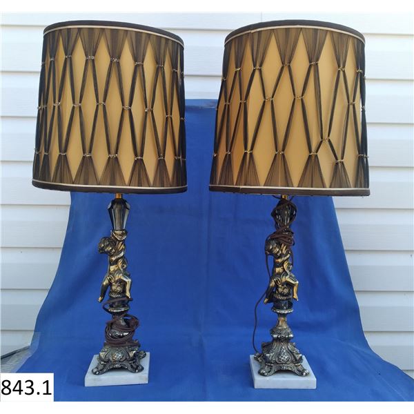 Pair of retro MCM matching table lamps, with cupids, glass bobeches and  original 1960s pleated shad