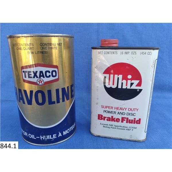 Texaco 1 quart oil tin, and a Whiz brake fluid tin