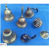 Image 1 : Group of 7 vintage bells, all brass except 1 of them. The bell with the partial leather strap is mar
