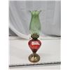 Image 1 : Red painted coal oil lamp, w/ green chimney