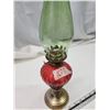Image 2 : Red painted coal oil lamp, w/ green chimney