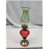 Image 3 : Red painted coal oil lamp, w/ green chimney