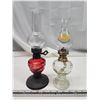Image 1 : 2 Small oil lamps, w/ chimneys - 1 painted red