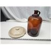 Image 1 : Large brown glass bottle & #2 stoneware lid - 8" inside
