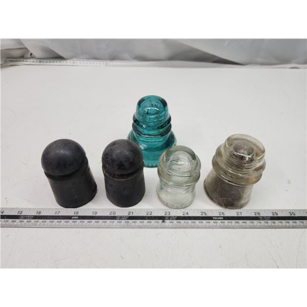 5 assorted insulators - 3 are glass