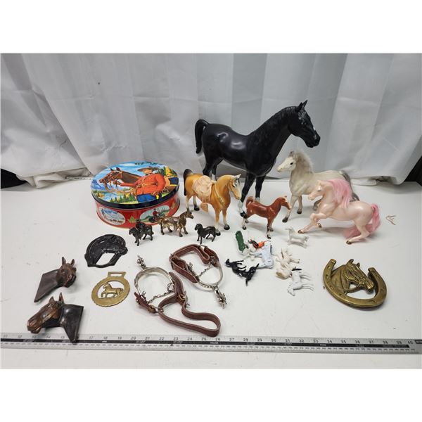Collection of horse items - brass door knocker, toys, spurs, etc.