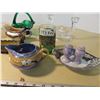 Image 3 : Lot of tea cup, candle holder, green basket and glass bowl