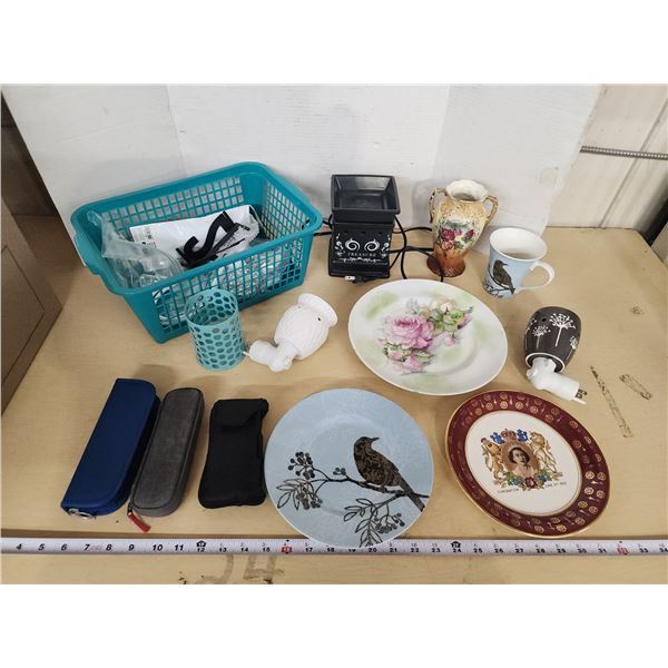 Assorted household items - Diabetic tester/equipment, Scentsy items, decorative plates, etc.