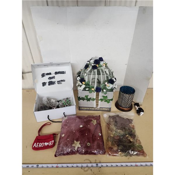 Assorted household items - Wedding letter birdcage, blue lamp, assorted costume jewelry, etc.