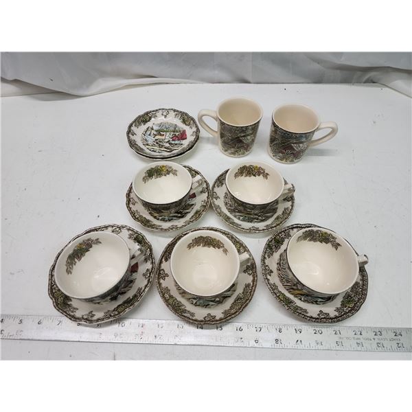 Matching teacups n saucers, w/ extra plates and coffee cups