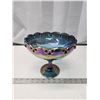 Image 1 : Blue carnival glass footed candy dish - 7.5"H