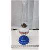 Image 1 : Two toned, white/blue glass coal oil lamp, w/ chimney