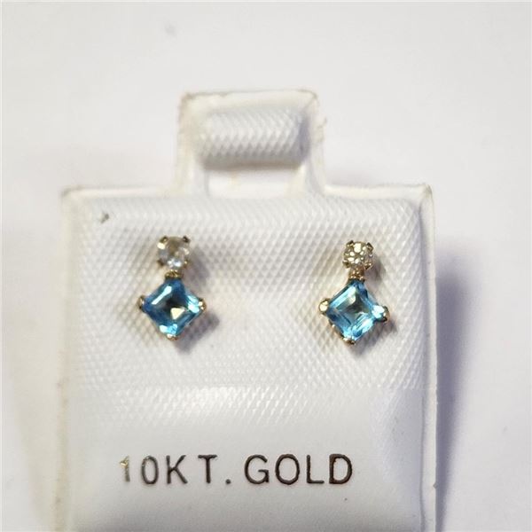 10K Yellow Gold Blue Topaz (0.44ct) Diamond(0.06ct) Earrings, Made in Canada, Suggested Retail Value