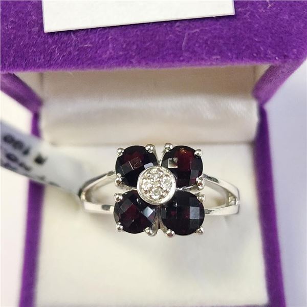 Silver Garnet And Cz (1.9ct) Ring (~Size 7.5)(Ring is resizable for $40) (~weight 4.05g), Suggested 