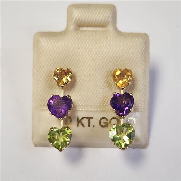 10K Yellow Gold Blue Topaz Citrine And Amethyst Earrings, Made in Canada, Suggested Retail Value $60