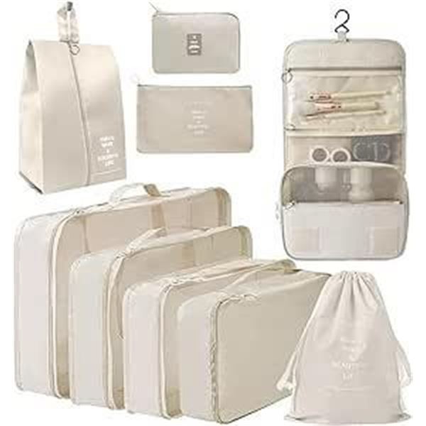 9 Set Packing Cubes, Compression Storage Travel Organizers, with Luggage Clothes Storage Bags, Toile