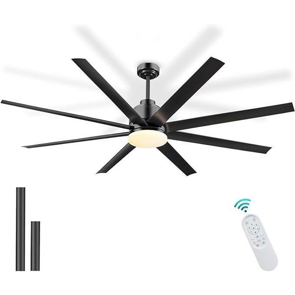 72 inch Large Ceiling Fan with Light, Black Outdoor Ceiling Fans with 8 Reversible Blades Dimmable M