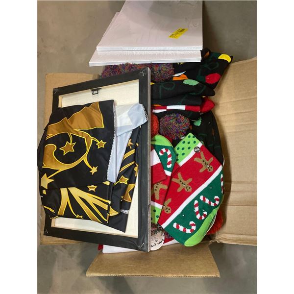 Assorted Box Lot of Christmas Decorations, Photos and Festive Goods